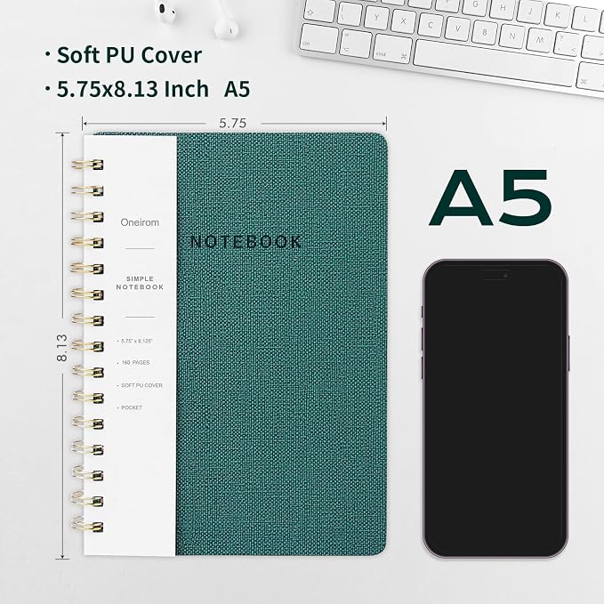 Spiral Notebook-5.75" x 8.125" College Ruled Journal with Inner Pockets and 160 Pages,PU Leather Cover Business Journal, Twin-Wire Binding Notebook Perfect for Office & Home School Supplies 6 pack Black/Green