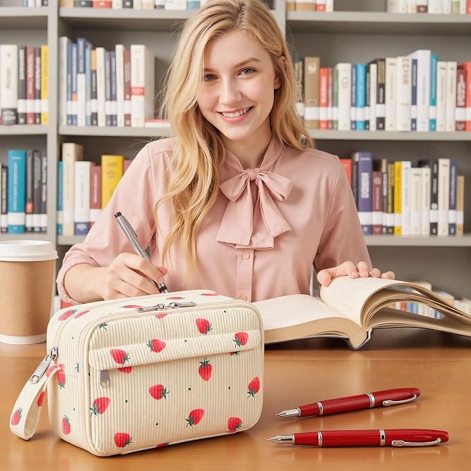 WOBAGMEN Cute Pencil Case,Large Corduroy Zippered Pencil Case Pouch, aesthetic Pencil Bag with Compartments, Pencil Pouch School Supplies (Tiny Strawberry)