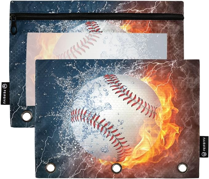 Baseball Fire Print Pencil Pouch for 3 Ring Binder 2 Pack Binder Pencil Case with Clear Window Pencils Bags with Zipper for Office Daily College Home Supplies