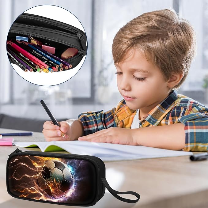 TILYTADLY Large Pencil Case for Boys - Soccer Boys Pencil Pouch with Zipper Compartments - Big Capacity Pen Box Pen Bag Organizer with Keychain for Kids Teens School