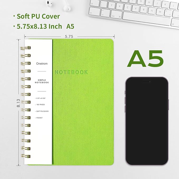 Spiral Notebook-5.75" x 8.125" College Ruled Journal with Inner Pockets and 160 Pages,PU Leather Cover Business Journal, Twin-Wire Binding Notebook Perfect for Office & Home School Supplies Light Green