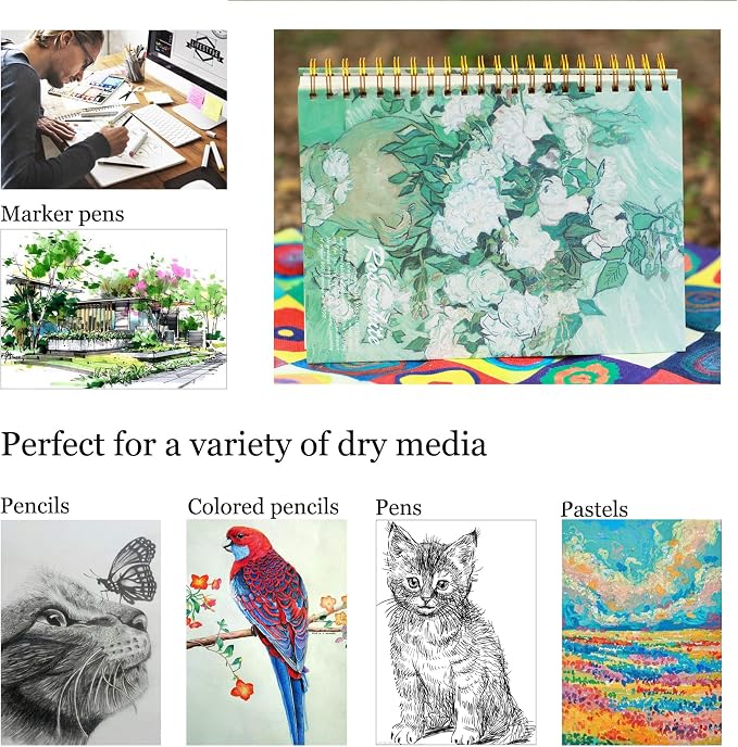 Van Gogh Mixed Media A4 Sketch Book, Spiral Bound Sketch Pad, 1 Pack 60Sheets (98lb/160gsm), Acid Free Art Sketchbook Sketching Drawing Painting Thick Paper for Kids Adults Beginners Artists