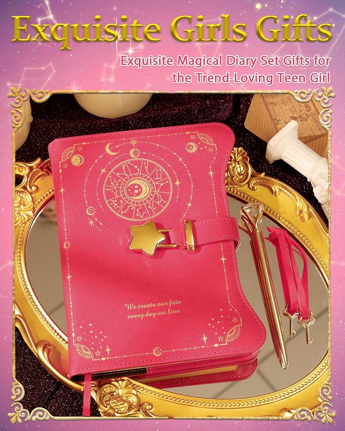 Hoci Poci Diary with Lock and Keys for Girls Gift Ideas, 360 Pages Journal | Elegant Gift Box for Teen Girls, B6 Kraft Pages Refillable Notebook with Pen and Bookmark for Writing, Astro Hot Pink