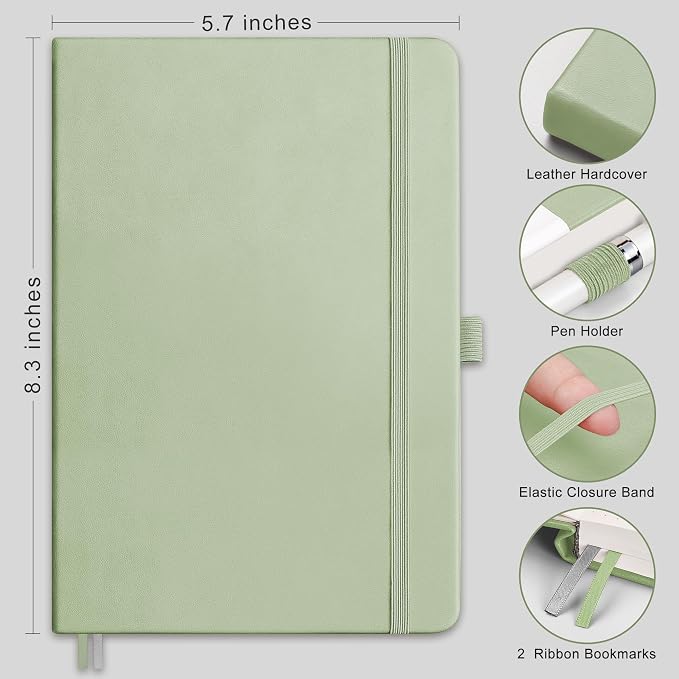 RETTACY Graph Grid Paper Notebook, 192 Pages, A5 Size (5.7'' x 8.3'') | 5 Squares per Inch, Leather Hardcover, 100 GSM Thick Paper, for School, Students, Math, Engineering (Light Green)