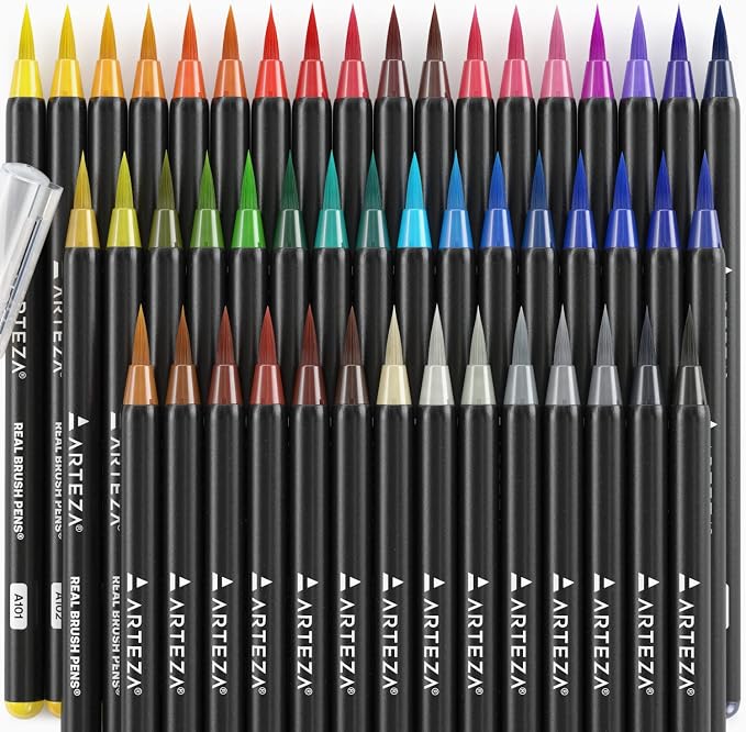 ARTEZA Real Brush Pens, 48 Colors, Watercolor Pens and Drawing Markers with Flexible Nylon Tips, Bonus Water Brush for Coloring, Sketching, Lettering and Art Journaling