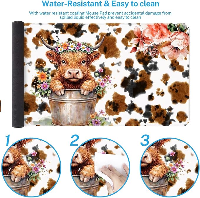Britimes Cute Highland Cow Desk Mat Flowers Cartoon Print Deak Pad Non-Slip PU Leather Large Keyboard Mouse Pad Office Desktop Accessories for Office,Work,Home Decor(31.5"X15.7")