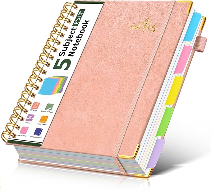 5 Subject Spiral Notebook Journal with Removable Dividers Tabs, 300 Pages Organizer Notebooks for Work School, 8"x10" Hardcover Leather Notebook College Ruled, Large Lined Journal for Women Men,Pink