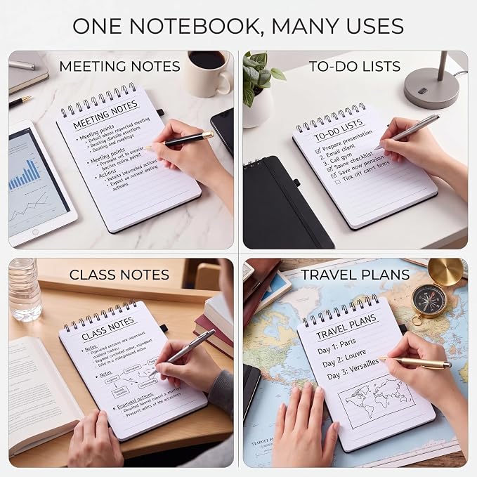 Qeeenar 4 Pack Small Spiral Notebooks 6 x 9 Inch, Black Leather Cover Top Bound Wirebound Notepads with 50 Sheets Lined Pages for Office School Travel Work Daily Notes and Lists