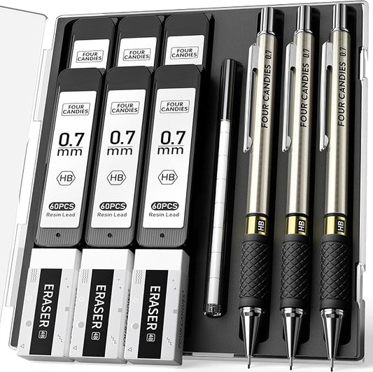 Metal Mechanical Pencil Set, 0.7mm Medium Point, 3-Pack with Storage Case | 360 Leads, 3 Erasers+9 Refills, Non-Slip Grips, For School Writing, Sketching, Art Drawing & Professional Drafting