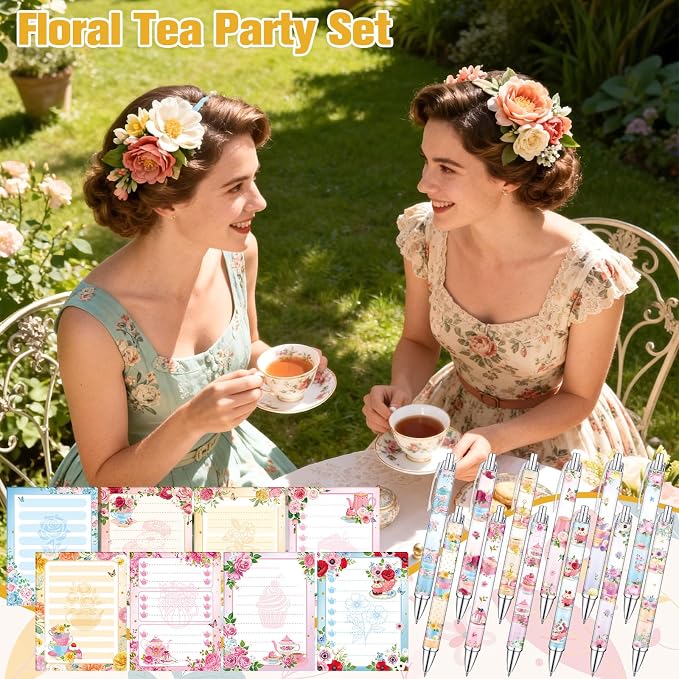 Eaasty 48 Pcs Tea Party Favors Spring Floral Notepads and Ballpoint Pens with Ribbon Vintage Teapot Flower Tea Party Gifts for Birthday Wedding Bridal Shower Office Supplies