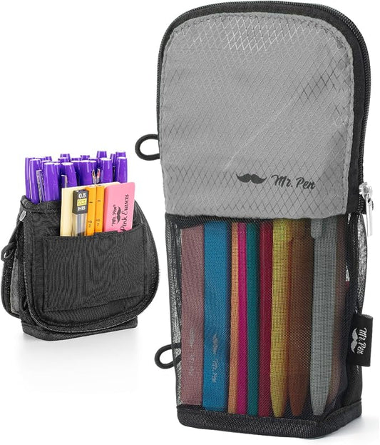 Mr. Pen- Standing Pencil Case Pouch, Sit & Lay Mesh-View Design | Black & Gray, Interior Pocket & 2 Elastic Binder Loops, Cute Pencil Case for Girls and Boys