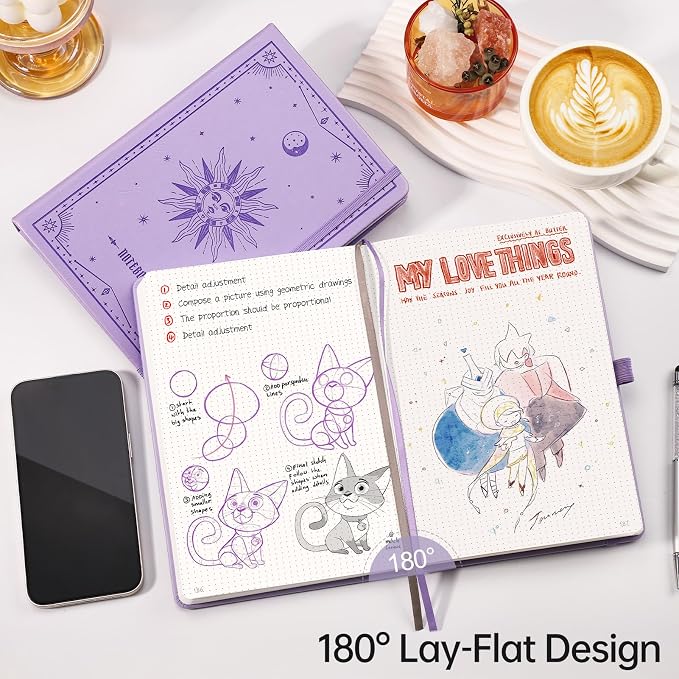 EMSHOI Dotted Journal Notebook, 192 Pages, A5 Size (5.7'' x 8.3'') | Leather Hardcover, 100 GSM Thick Paper, for Journaling, Planning, Tracking & Sketching, Sun Debossed (Light Purple)