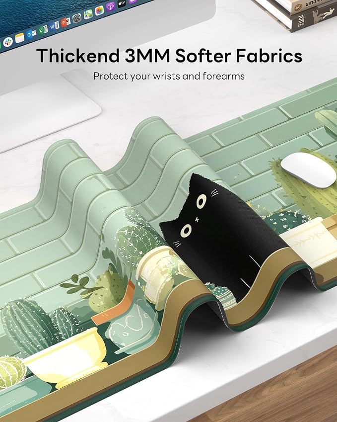 Cute Cat Mouse Pad, 31.5 x 11.8 Large Desk Mat with Stitched Edges & Non-Slip Base, Mousepad for Office, Home, Work