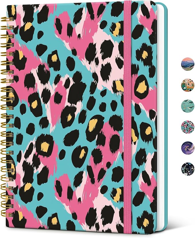 Taja Pretty Journal for Women, A5 Spiral Notebook, Hardcover College Ruled Journal, Notebook for Work, Journaling, Note Taking, 140 Pages, Neon Leopard