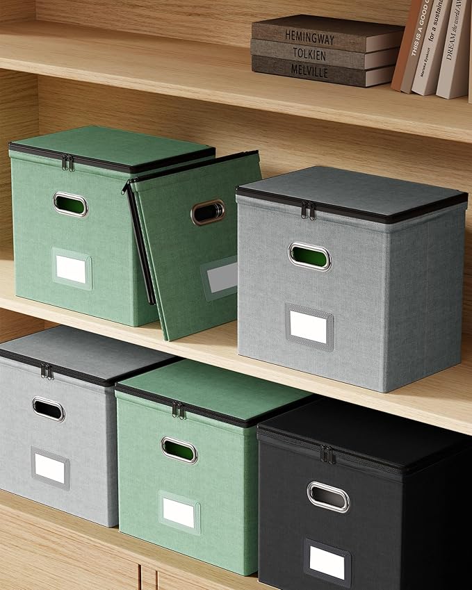 Oterri File Box Small 2-Pack Mesh Pockets Hanging Organizer for Letter-Size | Dustproof Lid. 3 Mesh Pockets. Collapsible Scratch-Resistant GRS Linen. Slide Rails. Office, Home, Dorm