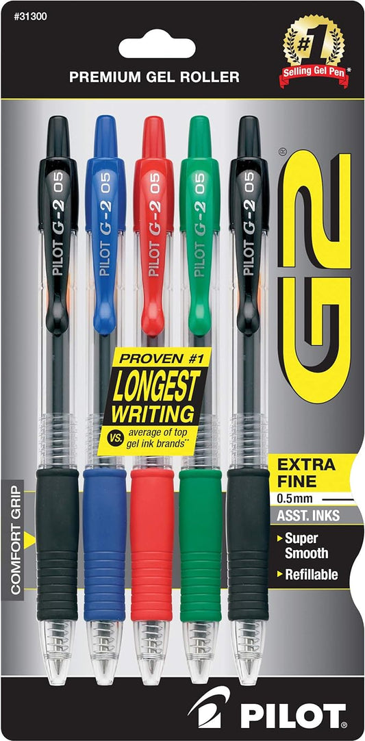 Pilot G2 Premium Refillable and Retractable Rolling Ball Colored Gel Pens, Extra Fine Point, 0.5mm, Assorted Color Inks, 5-Pack