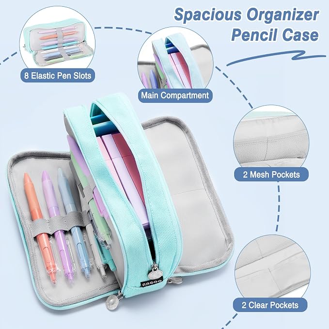 MoKo Pencil Case with Supplies, 59Pcs Aesthetic School Set, Blue | Includes gel pens, wooden and mechanical pencils, 0.5 and 0.7 mm refills, highlighters, erasers and sharpeners.