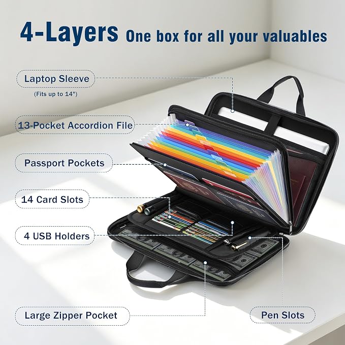 Fireproof Document Box with Lock, Hard-Shell Case Fireproof File Organizer with 13 Pocket Accordion File Folder, Portable Home Office Travel Safe Storage for Important Documents Laptop