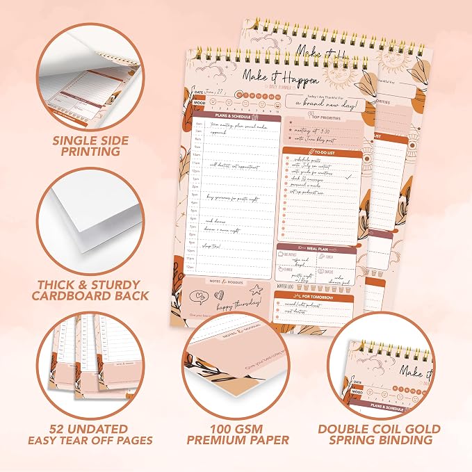 Decorably 52 Sheets Boho Celestial Undated Daily to Do List Notepad, 6.5x10" Spring-Bound Planner, Easy Tear-Off, for Schedule, Priorities, Agenda, Water Intake, Meals, Notes & Doodles, Home, Office