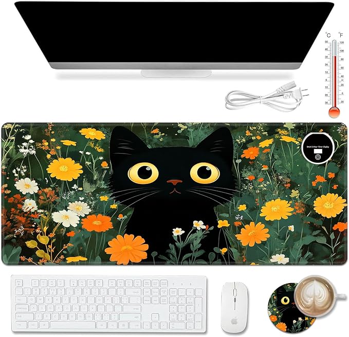 Warm Desk Pad,Heated Desk Pad,Office Mat,3 Heating Levels & 3 Hours Auto Shut-Off,31.5"*13" Gaming Mouse Laptop Keyboard Leather Desk Mat,Cute Cat Floral