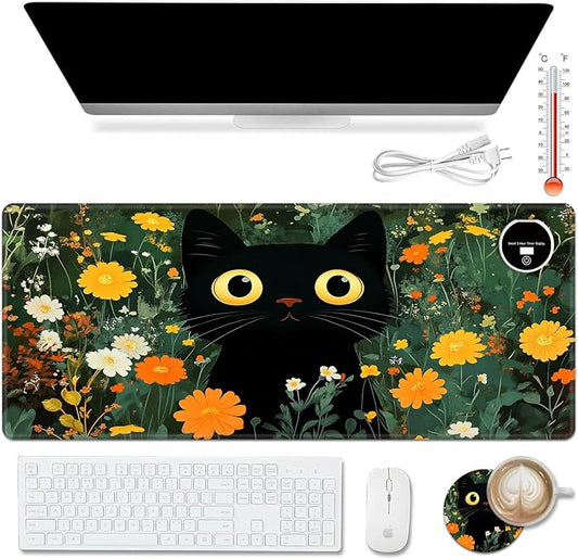 Warm Desk Pad,Heated Desk Pad,Office Mat,3 Heating Levels & 3 Hours Auto Shut-Off,31.5"*13" Gaming Mouse Laptop Keyboard Leather Desk Mat,Cute Cat Floral