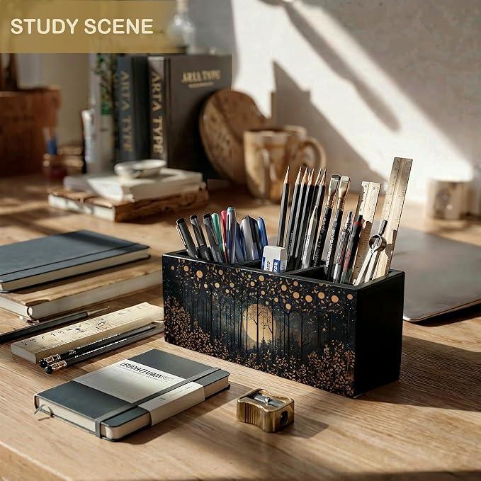 Rustic Gold William Morris Inspired Night Moon Forest Wooden Pencil Pen Holder for Desk Organizers and Accessories,Vintage Nature Botanical Makeup Brush Holder Organizer for Bathroom Vanity