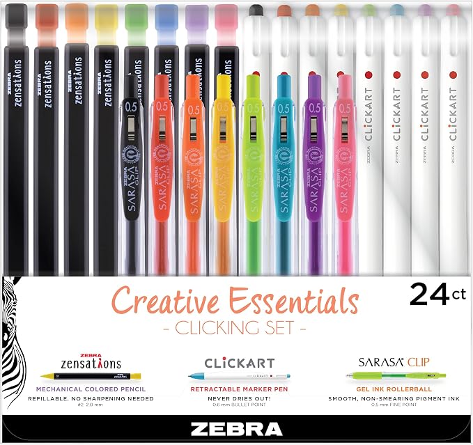 Zebra Pen Creative Essentials Clicking Set 24-Pack, Includes 8 CLiCKART Markers, 8 Colored Pencils and 8 Sarasa Clip Retractable Gel Pens, Assorted Ink Colors, Ideal For Bullet Journaling (76124)