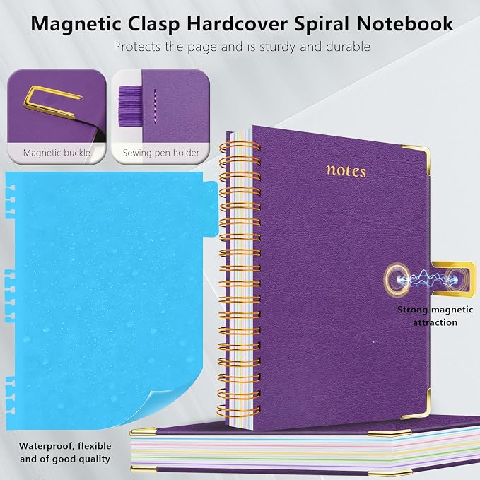 Hardcover Spiral Notebook College Ruled, 8.5"x11" Leather Journal Notebook with Magnetic Closure, 300 Pages 5 Subject Notebook with Dividers Tabs Journal for Women Men, Work, School(Purple)