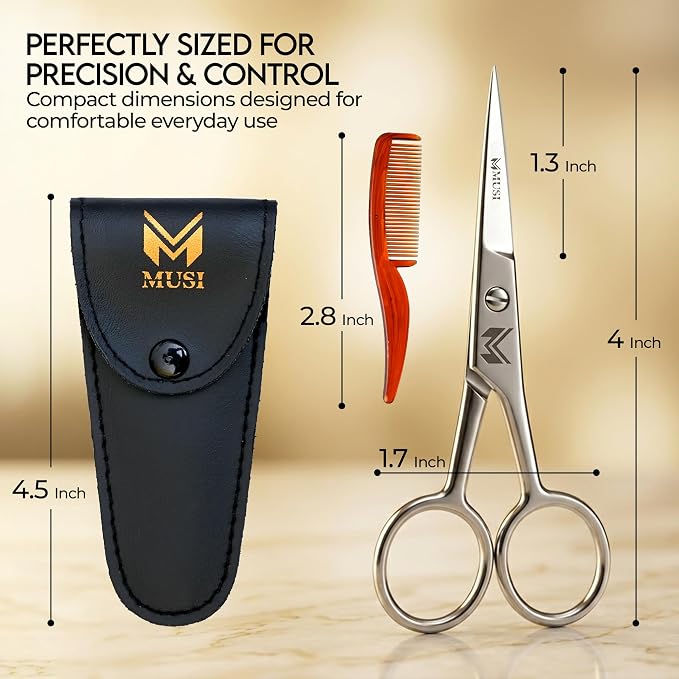 MUSI 4 Inch Eyebrow Scissors - Muti-purpose Small Scissors for Mustache, Beard, Nose Hair, Nail, Ear & Eyelash Trimming - Professional Stainless Steel Mini Grooming Scissors for Men Women with Comb
