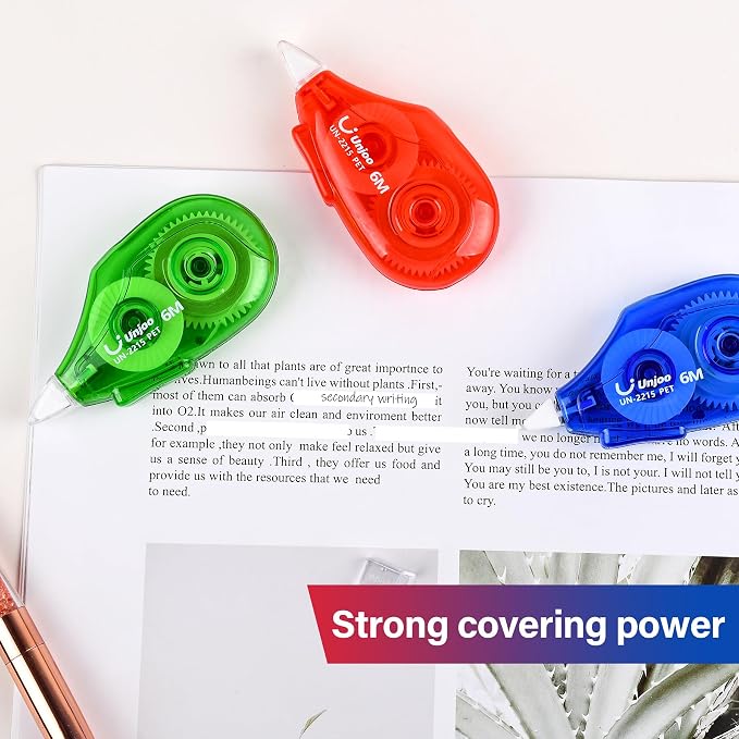 Unjoo White Correction Tape, For school, Office(12pack, 6Mx0.2,3 colors) | Easy To Use Applicator, Fast Clean Tear-Resistant Tape, 6M/256", Tape Width 0.2in