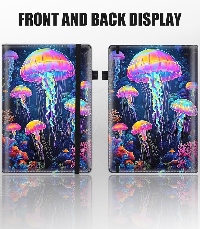 Hardcover Executive Notebooks, A5 PU Leather Lined Journal Notebook, 200 Pages Thick Paper Subject Notebooks for School,Work,Home Writing Business Notebook, Diary Book ，Colorful Jellyfish