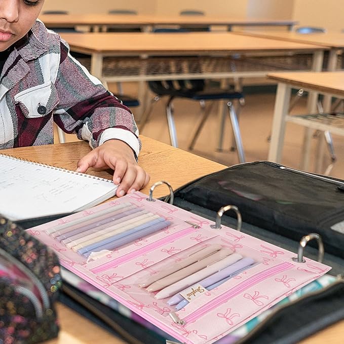 SKYDUE Binder Pencil Pouch for 3 Ring Binder, 3 Compartment Zipper Case, Large Capacity Pen Organizer with Clear PVC Window for School Supplies, Students, Kids & Teachers