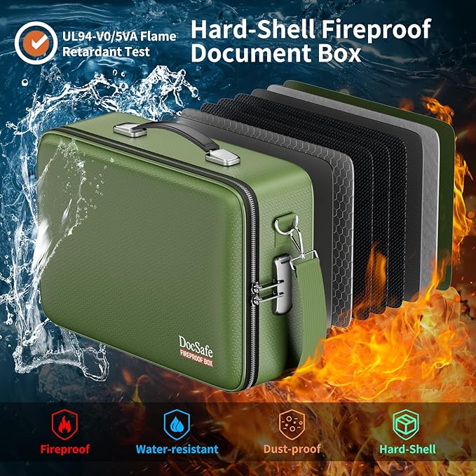 DocSafe Fireproof Document Box Hard Case with Lock ＆ Accordion File Folder | Fire and Water Resistant Safe Box,File Organizer,Multi-Pocket,Home Office Travel Storage for Important Document,Laptop,Green