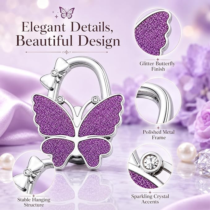 Purse Hook for Table, Foldable Handbag Hanger for Women, Portable Bag Holder with Non-Slip Base, Cute Bling Purple Butterfly Purse Table Hook for Restaurant Office Travel Gift