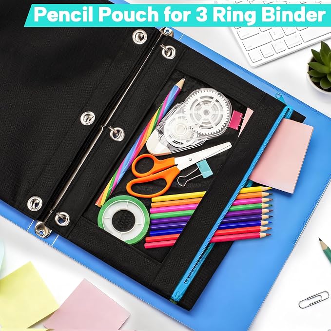 72 Pack Pencil Pouch for 3 Ring Binder, Clear Window 3-Holes Zipper Pencil Bags Bluk, Sturdy and Durable Cloth Pencil Case Pouch Multi-Purpose Cartuchera for Office College Classroom School Supplies
