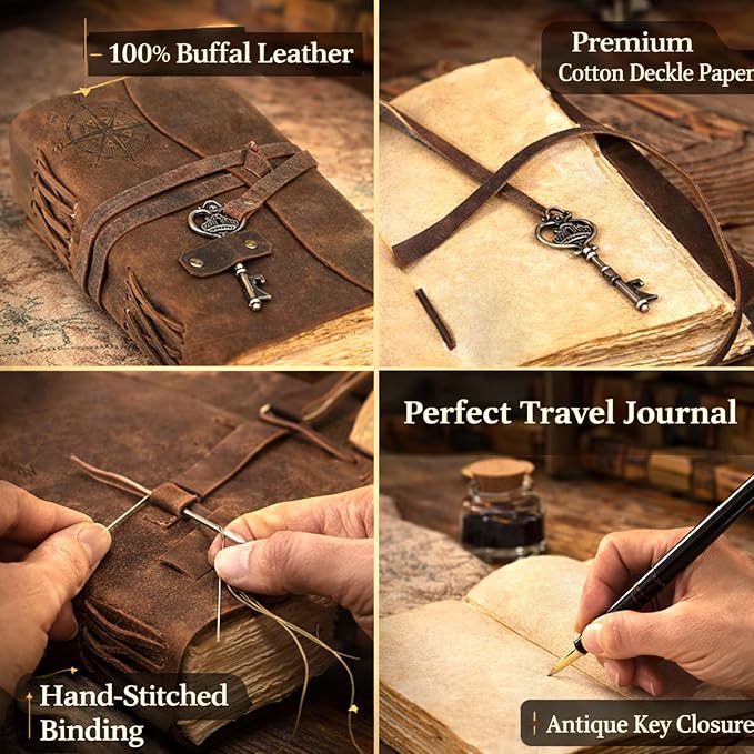 cuero C Compass Vintage Leather Journal - Antique Handmade Leather Bound journal with deckle edge paper Diary - Leather Sketchbook - Drawing Journal Notebook - Great Gift Men And Women (5X7 Inch)