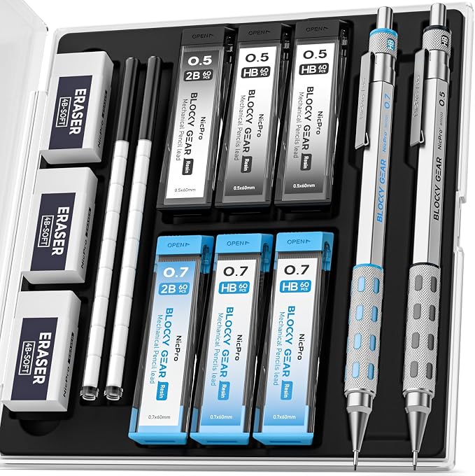 Nicpro Blocky Gear 0.5 mm & 0.7 mm Mechanical Pencils Set in Case | Metal Pencil with 6 Tube Lead Refills, Eraser, Eraser Refills for Professional & Adult Art Writing Drafting Drawing Sketching