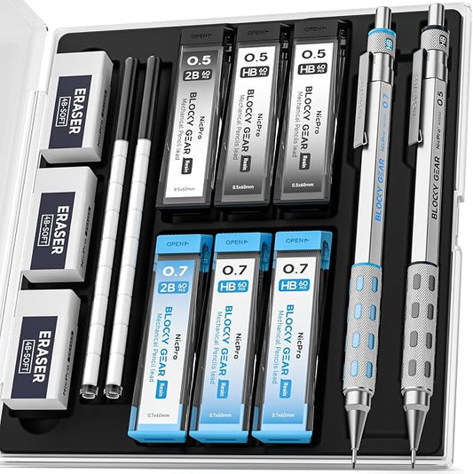 Nicpro Blocky Gear 0.5 mm & 0.7 mm Mechanical Pencils Set in Case | Metal Pencil with 6 Tube Lead Refills, Eraser, Eraser Refills for Professional & Adult Art Writing Drafting Drawing Sketching