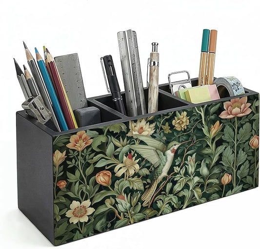 Vintage Floral Hummingbird William Morris Inspired Wooden Pencil Pen Holder for Desk Accessories, Rustic Botanical Hummingbird Bird Makeup Brush Holder Organizer for Bathroom Vanity