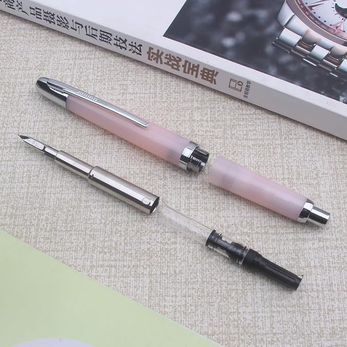JINHAO 20 pink silver Press Fountain Pen Retractable F Nib Transparent Black Writing Ink Pen with Converter School Office Supplies