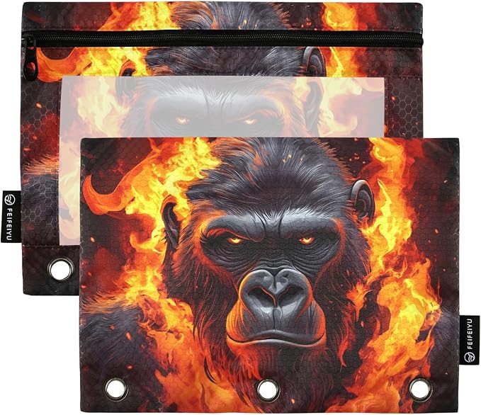 Fierce Gorilla King Kong Pencil Pouch for 3 Ring Binder 2 Pack Zipper Binder Pencil Bag with Clear Window Pencil Case for Office Supplies