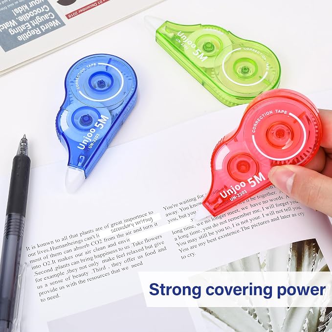 Unjoo White Correction Tape (9pack, 5M/196"x0.2", Redx3, Greenx3, Bluex3) | Easy To Use Applicator, Fast Clean Tear-Resistant Tape For school Supplies, Office