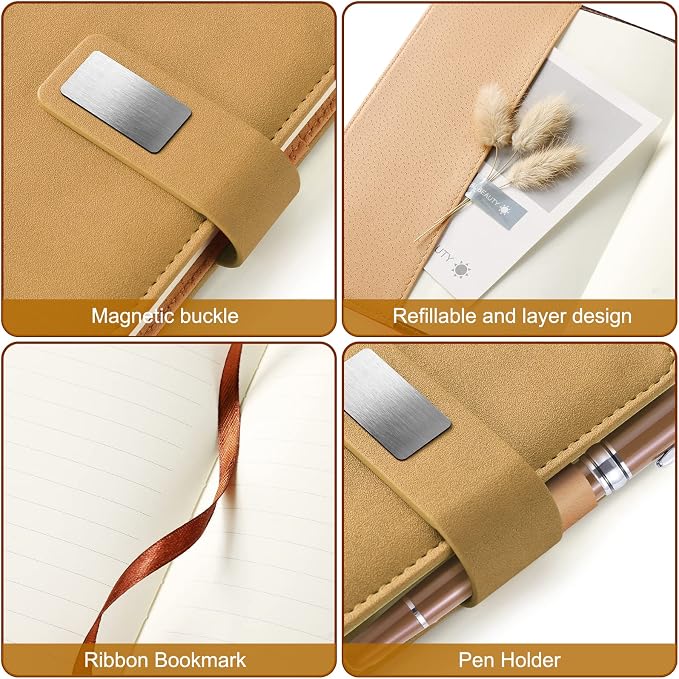 A5 Lined Leather Journal with Pen, 240 Pages Refillable Hardcover Notebook with Pocket and Magnetic Buckle, 80gsm Thick Daily Diary for Men and Women, Great Gift for Business School Travel Personal -
