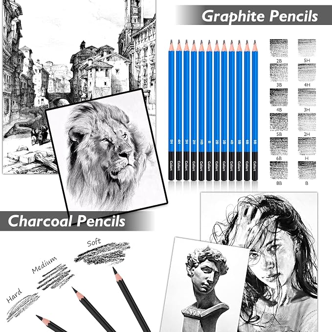 Caliart 176PCS Art Supplies Sketching Kit, 100 Sheets 3-Color Sketch Book | Graphite Colored Charcoal Watercolor & Metallic Pencils, Drawing Supplies Set Gifts for Adults Teens Girls Boys Kids