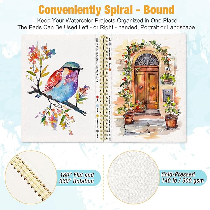 2-Pack Small Watercolor Sketchbook, 3.5" x5.5”(140lb/300g), Spiral Bound with Tear Line. Artist Water Color Paper, Portable Travel Notebook for Watercolor or Quick Sketch - Ideal for Kids & Adults