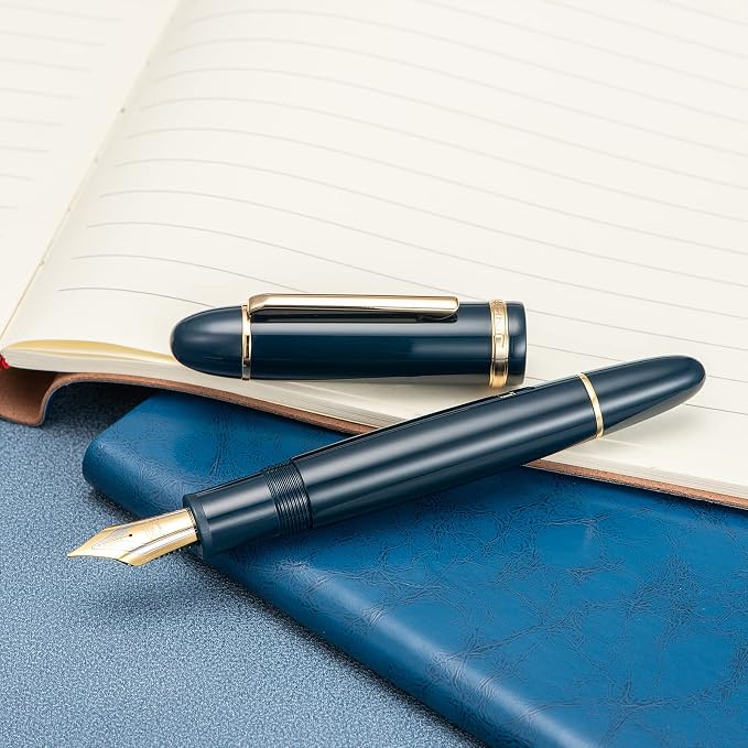 Jinhao X159 Dark Blue Acrylic Fountain Pen, Size 8 Fine Nib Gold Trim Classic Design Smooth Writing Pen with Converter