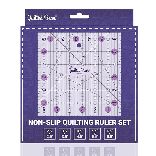 The Quilted Bear Small Quilting Ruler Bundle, 2.5", 3.5", 4.5", 5.5" & 6.5" | 5 Square-Ruler Assortment, Transparent Acrylic, Non Slip, Clear Black Lines, 30, 45 & 60 Degree Angles, for Patchwork, Sewing