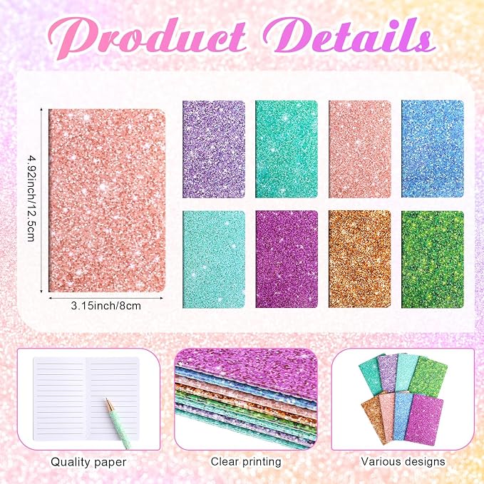 Sayglossy 16 Pack Glitter Pens and Notepads Set 8 Mini Glitter Pocket Notebooks 8 Fancy Sparkly Ballpoint Pens Stationery Gifts for Women Teacher Journaling School Office Supplies (Classic Color)