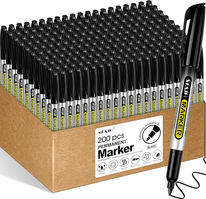 SFAIH 200 Black Permanent Markers Bulk -1s Quick Drying, Fine Point Markers for Write Mark, School, Office, Warehouse, Business, Logistics, Durable, Waterproof Ink on Paper, Plastic, Metal, Cardboard