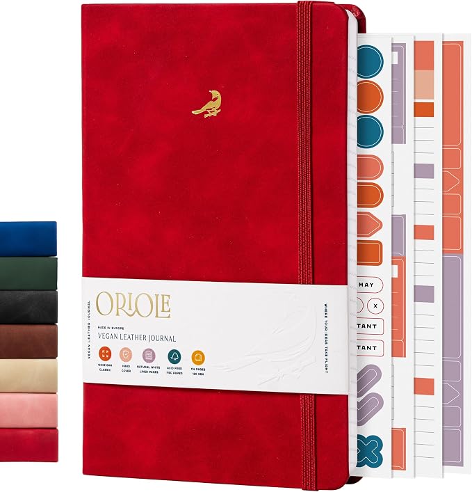 Oriole Vegan Leather Ruled Notebook - Cherry Red | 176 Pages of Thick Lined Paper | Soft Touch Hardcover Journal (5 x 8 in) with Gold Foil Bird Design & Luxury Gift Box